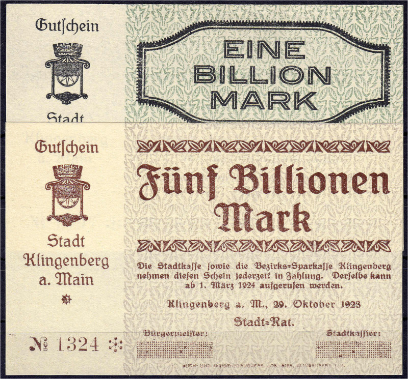 Banknoten

Deutsches Notgeld und KGL

Klingenberg (Bayern)

Stadt, 1 u. 5 ...