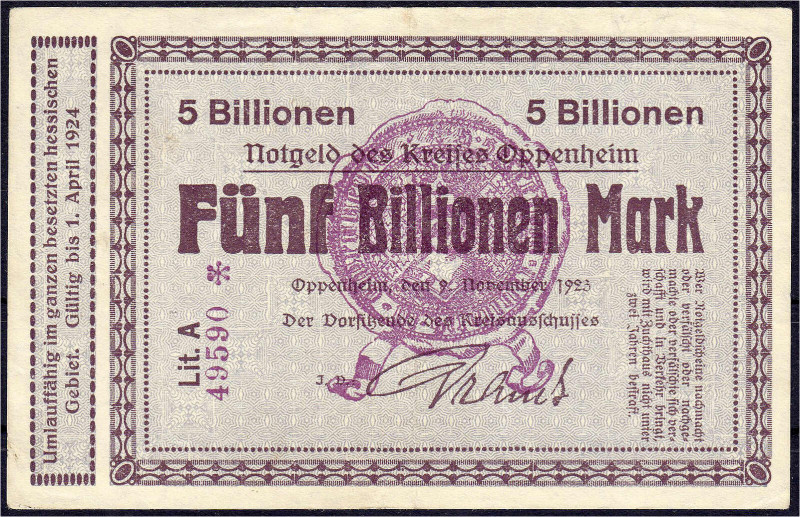 Banknoten

Deutsches Notgeld und KGL

Oppenheim (Hessen)

Kreis, 5 Bio. Ma...