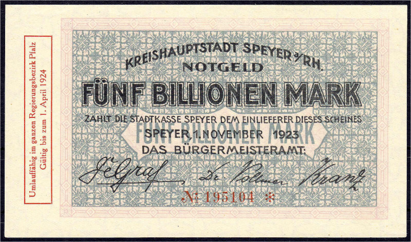 Banknoten

Deutsches Notgeld und KGL

Speyer (Pfalz)

Stadt, 5 Bio. Mark 1...