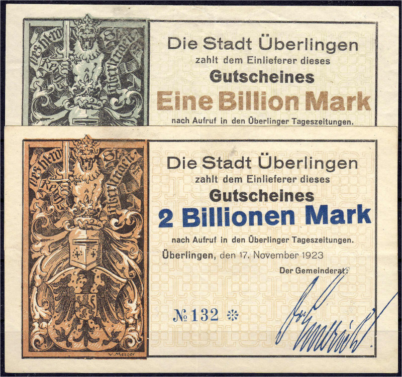 Banknoten

Deutsches Notgeld und KGL

Überlingen (Baden)

Stadt, 1 u. 2 Bi...