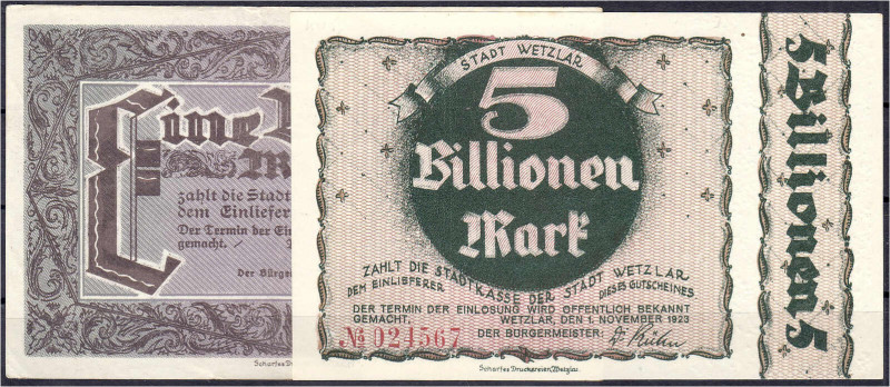 Banknoten

Deutsches Notgeld und KGL

Wetzlar (Rheinland)

Stadt, 1 und 5 ...