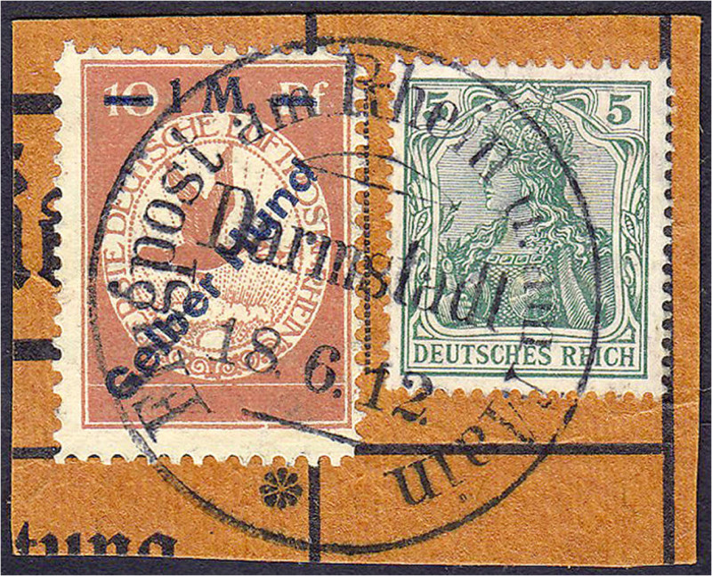 Briefmarken

Deutschland

Deutsches Reich

1 M auf 10 Pf. Gelber Hund 1912...