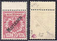 Briefmarken

Deutschland

Deutsche Kolonien

Marianen

10 Pf. Freimarken (Aufdruck 48°) 1899/1900, postfrische Erhaltung, oben mit Teil vom Zw...