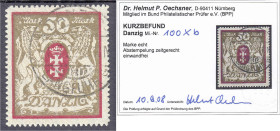 Briefmarken

Deutschland

Deutsche Kolonien

Freie Stadt Danzig

50 M Großes Staatswappen 1922, Wasserzeichen 2 X b, lilarot/gold, zeitgerecht...