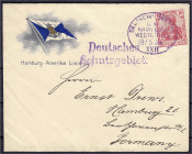 Briefmarken

Deutschland

Deutsche Kolonien

Marine Schiffspost

,,Linie Hamburg Westafrika XXII" 18.5.09 (Dampfer Kamerun), violetter Seepost...