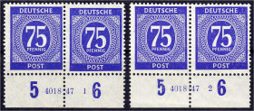 Briefmarken

Deutschland

Alliierte Besetzung (Gemeinschaftsausgaben)

75 Pf. Kontrollratausgabe 1946, zwei waagerechte Paare in postfrischer Er...