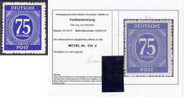 Briefmarken

Deutschland

Alliierte Besetzung (Gemeinschaftsausgaben)

75 Pf. Kontrollratausgabe 1946, postfrische Erhaltung, Farbe ,,d" (dunkel...