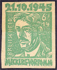 Briefmarken

Deutschland

Alliierte Besetzung (Sowjetische Zone)

Mecklenburg-Vorpommern

6+14 Pf. Opfer des Faschismus 1945, ungezähnter Prob...