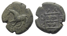 Imitationen griechischer Münzen.


Nachahmung einer Prägung Maroneias (Thrakien).

Bronze, ca. 3. - 2. Jhdt. v. Chr.
Vs: Pferd nach links stehen...