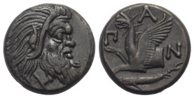 Taurischer Chersones. Pantikapaion.

 Bronze. Ca. 325 - 310 v. Chr.
Vs: Kopf eines bärtigen Satyrn rechts.
Rs: Greifenprotome links; im Abschnitt ...