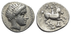 Königreich Thrakien. Lysimachos (306 - 281 v. Chr.).

 1/5 Tetradrachme (Silber). Ca. 305 - 281 v. Chr. Amphipolis.
Vs: Jugendlicher Kopf mit Taini...