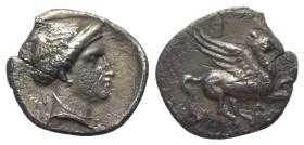 Akarnanien. Leukas.

 Drachme (Silber). Ca. 400 - 350 v. Chr.
Vs: Pegasos nach rechts fliegend, darunter Lambda.
Rs: Kopf der Aphrodite rechts, da...