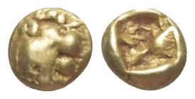 Königreich Lydien. Alyattes - Kroisos (605 - 540 v. Chr.).

 1/12 Stater bzw. Hemihekte (Elektron). Sardeis.
Vs: Kopf eines Löwen mit Strahlenwarze...