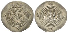 Sasanidisches Königreich. Khusro II. (590 - 628 n. Chr.).

 Drachme (Silber). 626 / 627 n. Chr. (Jahr 37). NYHC.
Vs: Drapierte Büste mit Krone mit ...
