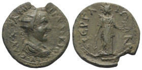 Pamphylien. Perge. Traianus Decius (249 - 251 n. Chr.).

 Bronze.
Vs: Büste mit Strahlenkrone, Paludament und Panzer rechts.
Rs: Artemis mit Strah...