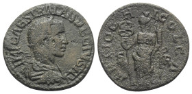 Pisidien. Antiochia. Traianus Decius (249 - 251 n. Chr.).

 Bronze.
Vs: Büste mit Strahlenkrone, Paludament und Panzer rechts.
Rs: Felicitas mit K...