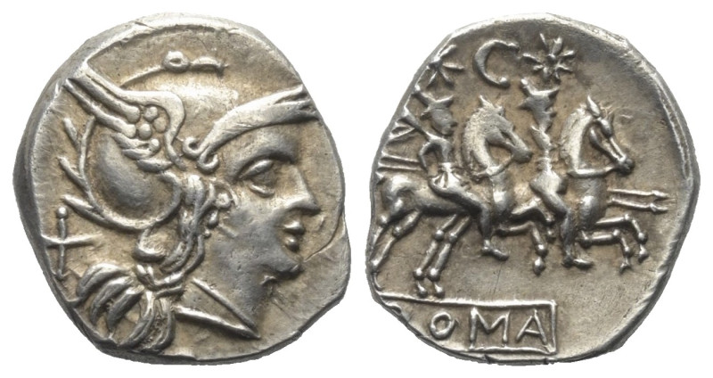 Anonyme Prägungen.

 Denar (Silber). 207 v. Chr. Rom.
Vs: Kopf der Roma mit g...