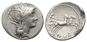 C. Claudius Pulcher.

 Denar (Silber). 110 oder 109 v. Chr. Rom.
Vs: Kopf der Roma mit geflügeltem Greifenkopfhelm rechts.
Rs: C PVLCHER. Victoria...