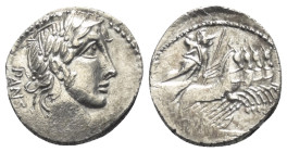 C. Vibius Pansa.

 Denar (Silber). 90 v. Chr. Rom.
Vs: PANSA. Kopf des Apollo mit Lorbeerkranz rechts, davor Kontrollmarke.
Rs: [C VIBIVS C F]. Mi...