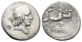 L. Iulius Bursio.

 Denar (Silber). 85 v. Chr. Rom.
Vs: Drapierte Büste des Apollo Veiovis mit Flügel, Lorbeerkranz und Dreizack rechts, dahinter B...
