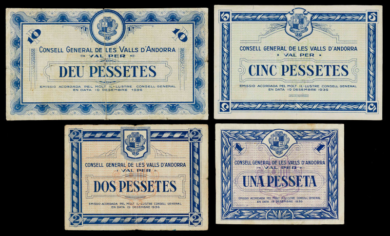 Andorra. 1, 2, 5 y 10 pesetas. (T. 2a, 3, 4a y 5). 4 billetes. Serie azul comple...