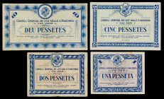 Andorra. 1, 2, 5 y 10 pesetas. (T. 2a, 3, 4a y 5). 4 billetes. Serie azul completa. Las 2 pesetas, nº 000206 y las 10 pesetas, nº 000302. Conjunto muy...