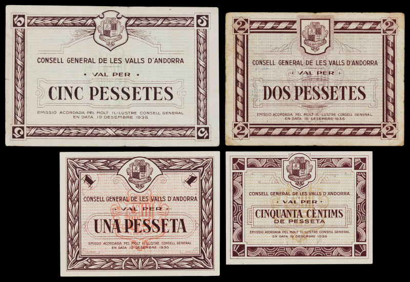 Andorra. 50 céntimos, 1, 2 y 5 pesetas. (T. 9, 10, 11d y 12b). Serie marrón. El ...