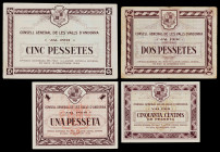 Andorra. 50 céntimos, 1, 2 y 5 pesetas. (T. 9, 10, 11d y 12b). Serie marrón. El de 5 pesetas, nº 00073. Conjunto raro. BC/EBC.