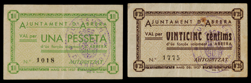 Abrera. 25 céntimos y 1 peseta. (T. 4a y 5). 2 billetes, todos los de la localid...