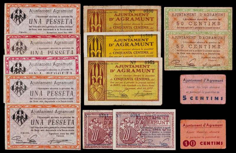 Agramunt. 5, 10, 20 (dos), 50 céntimos (cinco) y 1 peseta (cinco). (T. 8b, 8d, 1...