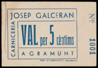 Agramunt. Josep Galceran Carnicería. 5 céntimos. (Inédito). Cartón, nº 1001. Raro. EBC-.
