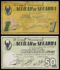 Aguilar de Segarra. 50 céntimos y 1 peseta. (T. 22 y 23). 2 billetes, todos los de la localidad. El de 50 céntimos, nº 0418. Escasos. BC/MBC-.
