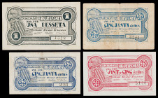 Aigüesbones. 25, 50 céntimos (dos) y 1 peseta. (T. 36 a 39). 4 billetes, todos los de la localidad. BC/EBC.