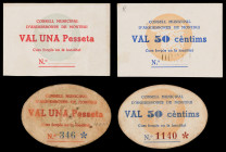 Aigüesbones de Montbui. 50 céntimos (dos) y 1 peseta (dos). (T. 40, 41, 42a y 43). 4 cartones, 2 ovalados, todos los de la localidad. Uno de 50 céntim...
