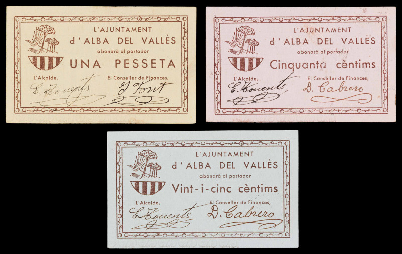 Alba del Vallès. 25, 50 céntimos y 1 peseta. (T. 63, 64a y 65c). 3 billetes, tod...
