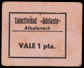 Albatàrrec. Colectividad " Adelante". C.N.T - A. I. T. 1 peseta. (T. 74). Restos de charnela. Extraordinariamente raro. MBC+.