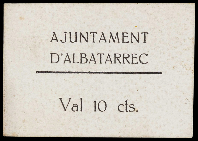 Albatàrrec. Ajuntament. 10 céntimos (T. 78) Cartón. Extraordinariamente raro. No...
