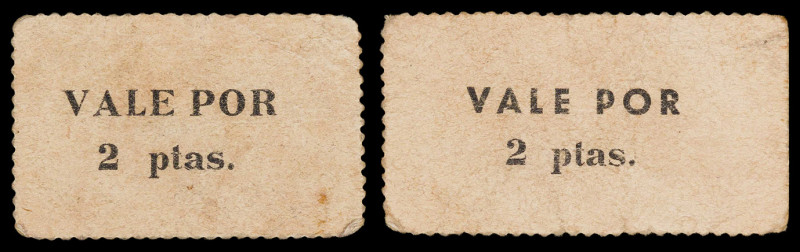 Albesa. 2 pesetas (dos). (T. 81 y 81 var). 2 cartones distintos. Rarísimos. BC+/...