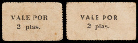Albesa. 2 pesetas (dos). (T. 81 y 81 var). 2 cartones distintos. Rarísimos. BC+/MBC-.