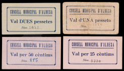 Albesa. 25, 50 céntimos, 1 y 2 pesetas. (T. 85a, 86b, 87c y 88b). 4 cartones, serie completa. El de 50 céntimos, nº 415. Raros. BC/EBC.