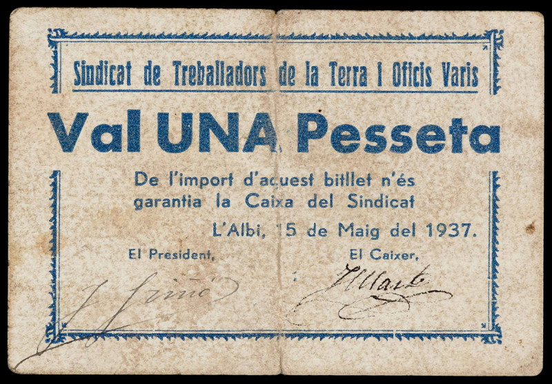 L'Albi. Sindicat de Treballadors de la Terra i Oficis Varis. 1 peseta. (T. 89a)....