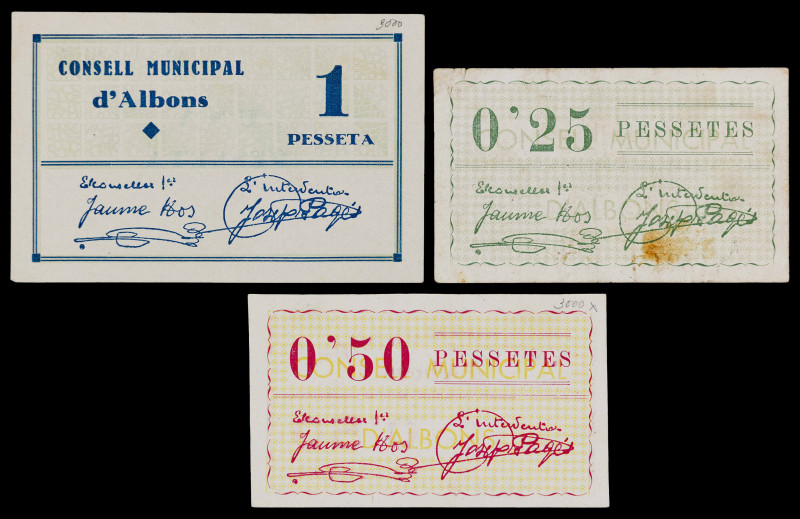 Albons. 25, 50 céntimos y 1 peseta. (T. 93 a 95). 3 billetes, todos los de la lo...