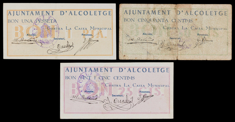 Alcoletge. 25, 50 céntimos y 1 peseta. (T. 103 a 105). 3 billetes, todos los de ...