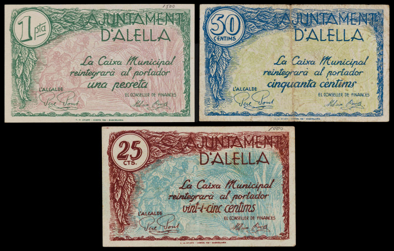Alella. 25, 50 céntimos y 1 peseta. (T. 116 a 118). 3 billetes, todos los de la ...