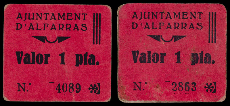 Alfarràs. 1 peseta (dos). (T. 122a). 2 cartones. Raros. BC+/MBC-.