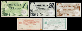 Almacelles. 25, 50 céntimos (dos) y 1 peseta (dos). (T. 151e, 152f y 153 a 155). 5 billetes, 2 series completas del Ajuntament y del Consell Municipal...