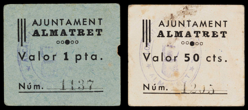 Almatret. Ajuntament. 50 céntimos y 1 peseta. (T. 162 y 163a). 2 cartones cuadra...