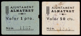 Almatret. Ajuntament. 50 céntimos y 1 peseta. (T. 162 y 163a). 2 cartones cuadrados. Muy raros. MBC-/MBC.