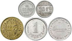 L'Ametlla del Vallès. 25, 50 céntimos (dos) y 1 peseta (dos). (AC. 1 a 5) (T. 199 a 203). 5 monedas, serie completa. Escasas. MBC/EBC.