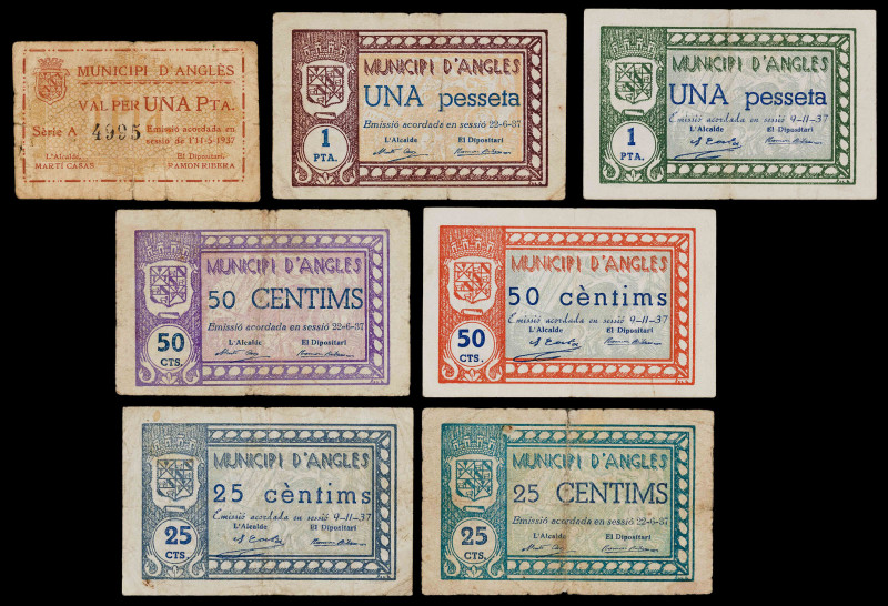 Anglès. Municipi. 25 (dos), 50 céntimos (dos) y 1 peseta (tres). (T. 213a, 214a,...